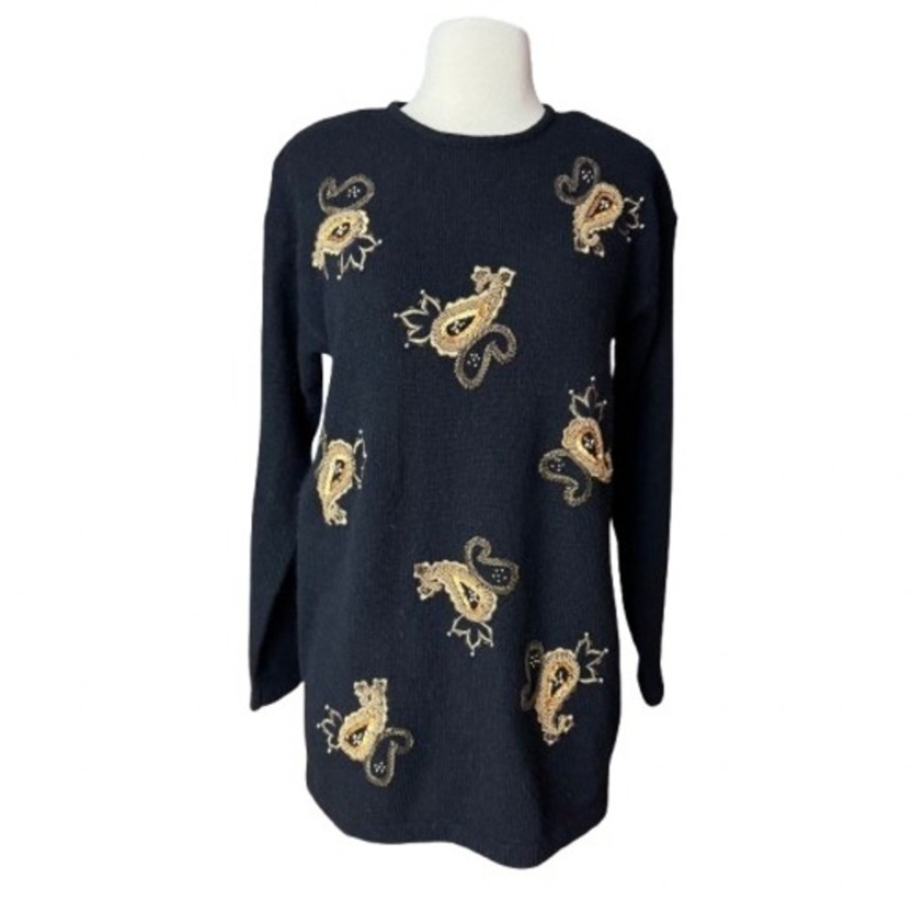 Vintage 90's Women's Small Black Evan‎ Picone Angora Tunic Sweater with Gold